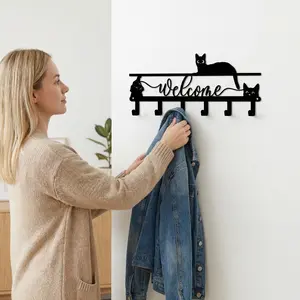 Cat-Themed Iron Art Coat Rack, Metal Wall Hooks for Pet Lovers, Entryway Coat & Hat Decor, Black Cat Silhouette Hook Sign, Multifunctional Wall-Mounted Hook