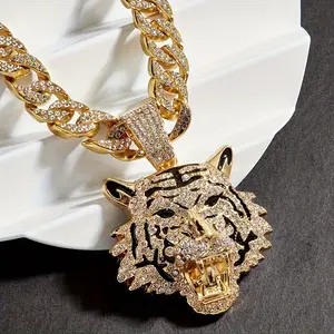 Bold And Stylish Animal-themed Jewelry For Men, Featuring A Golden-plated Tiger Head Pendant Paired With A Fashionable Cuban Necklace.