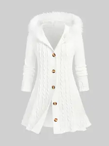 Rgothic Plus Size Fuzzy Trim Hooded Cable Knit Cardigan with Gold Buttons and Fluffy Collar