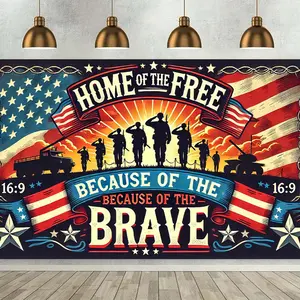 1pc 2D Flat Patriotic Backdrop Banner FT Polyester Fabric Wall Covering "Land of the Free Thanks to the Brave" American Flag Design No Electricity Required Versatile Decor for Home Office Outdoor P
