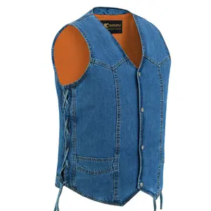 Men's Blue Denim Motorcycle Vest with Side Lacing and Concealed Carry Pockets MC20301
