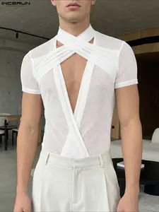 INCERUN Men's Mesh Hollow Out Deconstructed Design Short Sleeve Triangle One-Piece, Stylish and Comfortable Summer Wear, Unique Fashion Statement