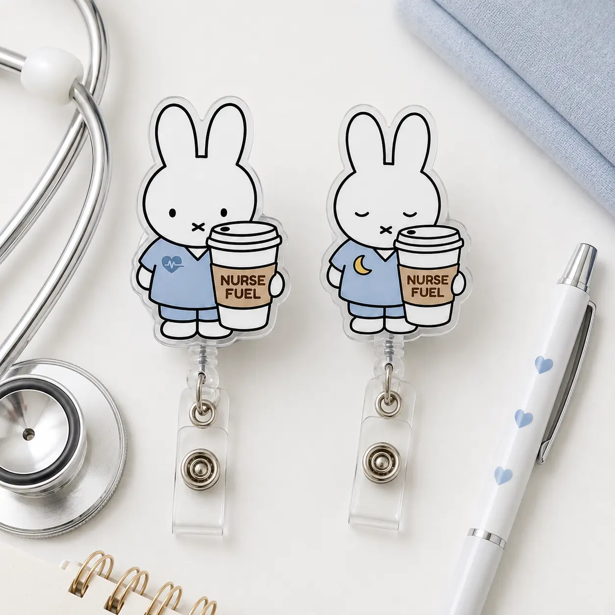 Night Shift Bunny Nurse Fuel Acrylic Badge Reel – Night Shift Nurse Retractable ID Holder