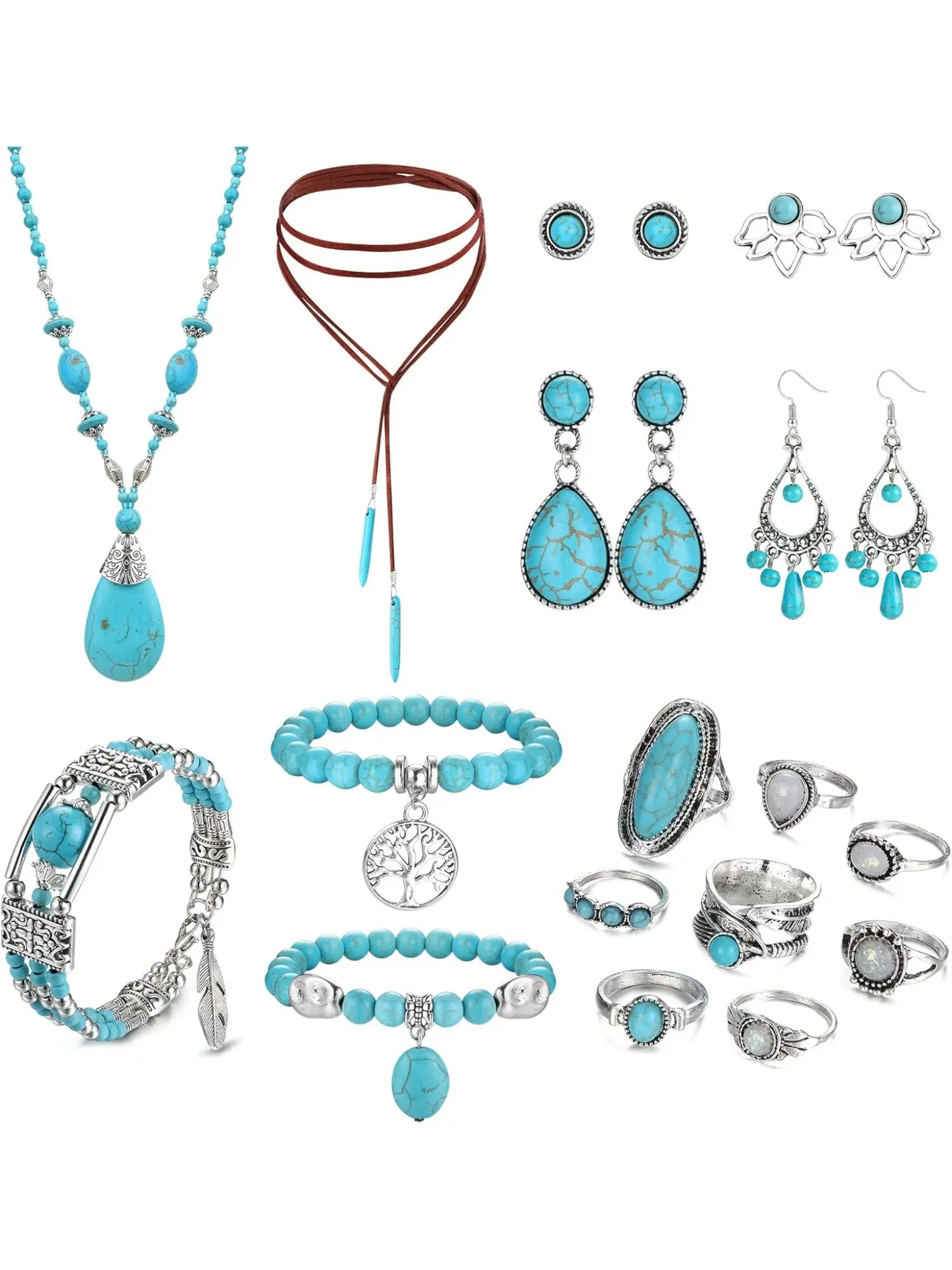 Natural 21 Pcs Green Bohemian Turquoise Adjustable Jewelry Set for Women Men Trendy Turquoise Pendant Alloy Necklace Turquoise Faux Leather Cuff Bracelet Turquoise Dangle Earrings Vintage Turquoise Knuckle Rings