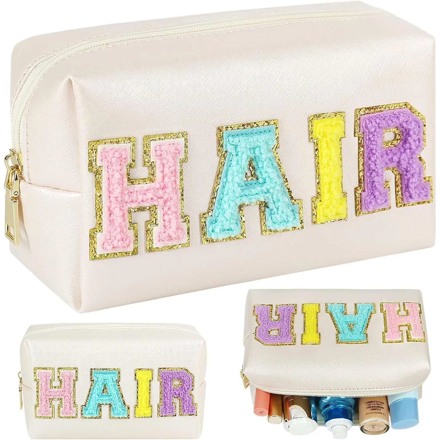 Preppy Patch Makeup Bag, Chenille HAIR Letter Cosmetic Bag,PU Leather Skincare Toiletry Bag, Portable Makeup Bag with Varsity Letter Patches, Travel Organizer Bag for Women Girls