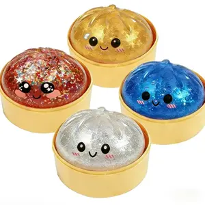 Portable Glitter Fidget Squeeze Toy, Transparent Dumpling Shaped Squishy with Steamer Box, Soft Anxiety Relief Desk Toy for Teens Adults & Kids Party Gift