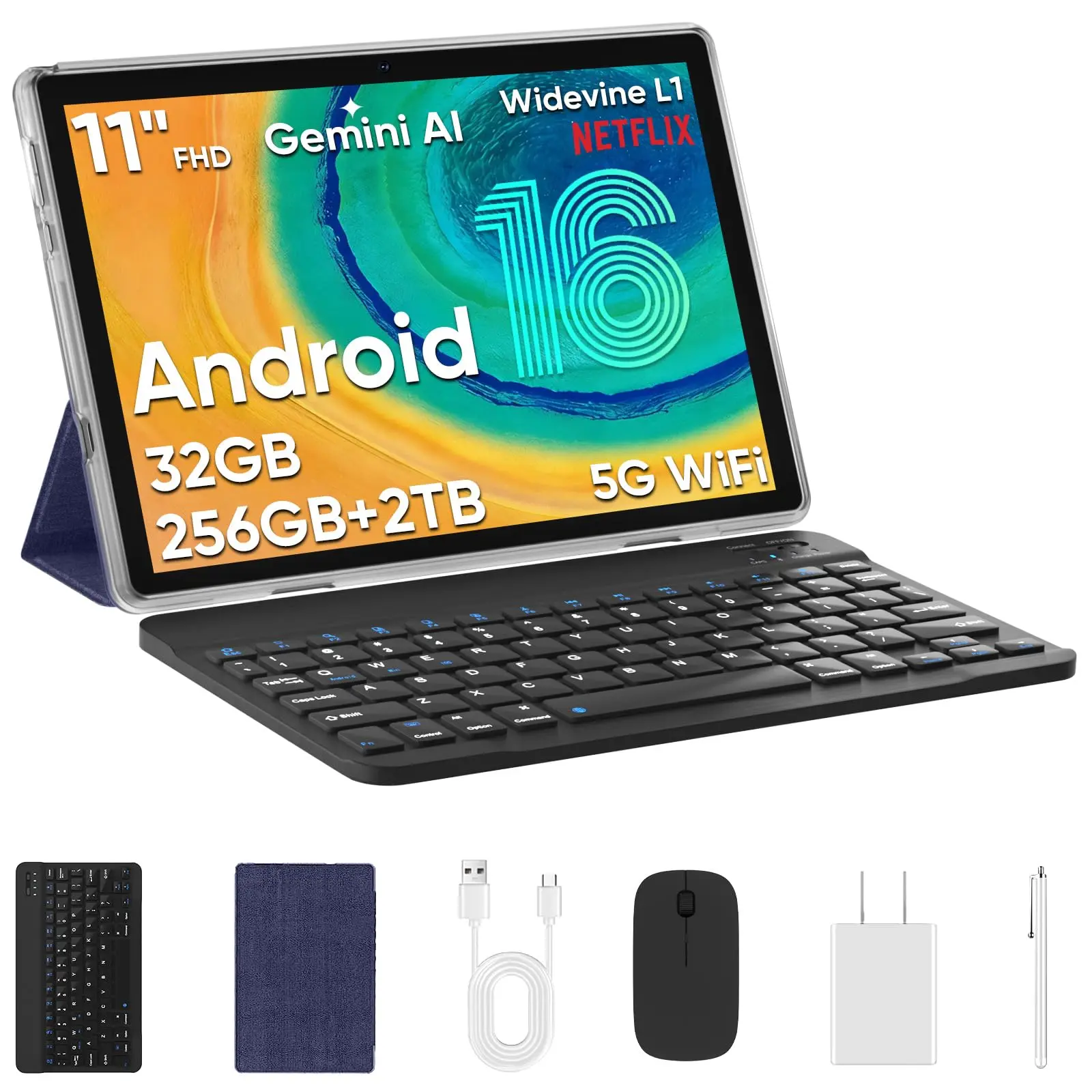 Slim Gemini Android Tablet with Keyboard Android 16 Tablets, 10.95 Inch Tablet (6+28GBRAM 256GB ROM, 8000mAh Battery 2in 1 Tablet withKeyboard, Case, Stylus Without Electricity., Tablet PC, 90HzWifi, 5MP+8MP Dual Camera,Pad