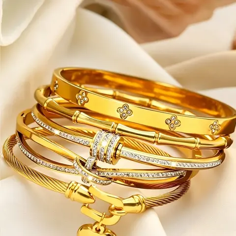 5pcs Classic Bracelets, Stackable Bracelets, Pretty Bracelet, Stacking Bracelet, Stacked Design Bracelets, Waterproof Rust Proof Rhinestone Jewelry, Layered Luxury Gift Set for Women & Girls