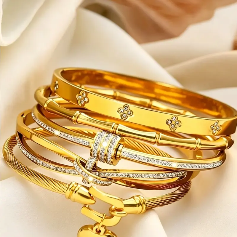 5pcs Classic Bracelets, Stackable Bracelets, Pretty Bracelet, Stacking Bracelet, Stacked Design Bracelets, Waterproof Rust Proof Rhinestone Jewelry, Layered Luxury Gift Set for Women & Girls