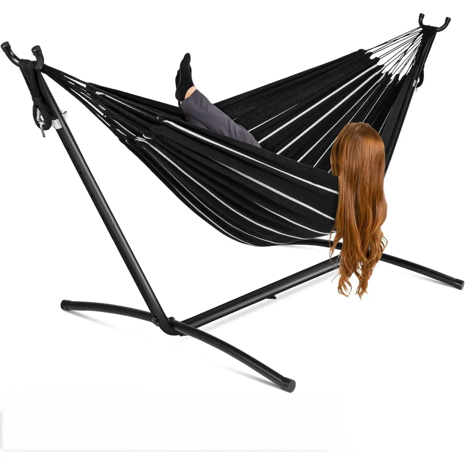 Heavy Duty Double Cotton Fabric Hammock with Stand - 2-Person, 450lbs Capacity, Double Width, Curved Curve, Portable Patio Swing, Portable Setup, Carry Bag, Instant Relaxation (Indoor/Outdoor Adult Use)