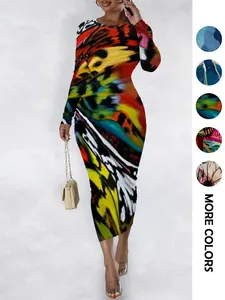 Women's Colorblock Print Round Neck Bodycon Dress, Fashion Casual Long Dress for Daily Outdoor Wear, Women Dress for Spring Fall