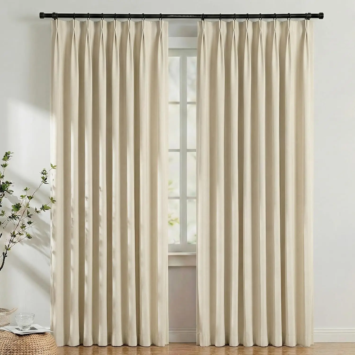 50 Inches Wide Blackout Pinch Pleated Curtains Rings Hooks 2 Panels for Living Room Pinch Pleat Curtains 84 Inches Long for Dining Bedroom Office Beige