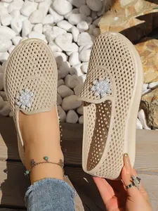 Summer Hollow Out Mesh Sneakers for Women, One-Step Slip-On Soft Sole Lazy Shoes, Rhinestone Decorated Breathable Flat Single Shoe, Footwear, Slip on Classic