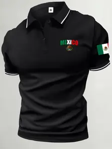 Men’s summer cotton short-sleeve polo shirt with Mexico flag theme, Mexico flag print, classic retro style, lightweight and versatile sports casual outdoor fashion golf apparel, trendy black short-sleeve design—an ideal gift for men or a brother.