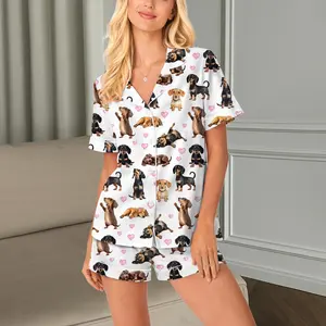 Satin Dachshund Pajama Set Women, Martini Dog Print Sleepwear, Breathable Short Sleeve Nightwear, Cozy Gift Idea for Animal Lovers