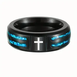 Blue Line Cross Pattern Ring, Fashionable and Creative Black Cross Pattern Men's Ring, Daily, Party, Punk Style Matching Marquise Wedding Bands