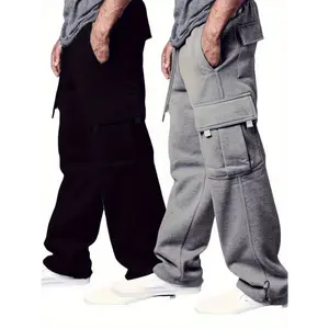2pcs, Men's Solid Loose Fit Cargo Pants with Multiple Flap Pockets, Casual And Classic Sweatpants for Sports And Outdoors Activities, for Winter & Fall