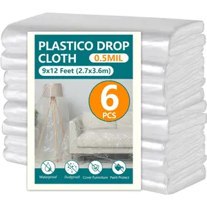 12x9ft Plastic Drop Cloths - Disposable Painter's Sheeting for Floor/Furniture/ Protection, Drop Cloth (6-Pack)