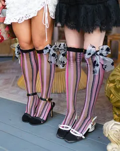Parisian Stripe Bow Black Sheer Knee High Sock