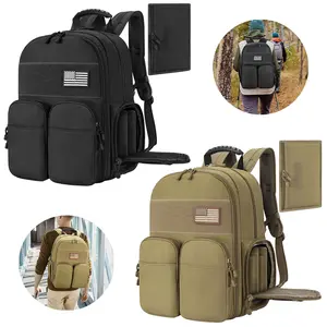 Tactical Range Backpack for Men with Stable Support, Shooting Backpack with Pistol Storage Cases, Range Bag with Removable Divider, Lockable Zipper Design Daypack for EDC Work, Black/Khaki