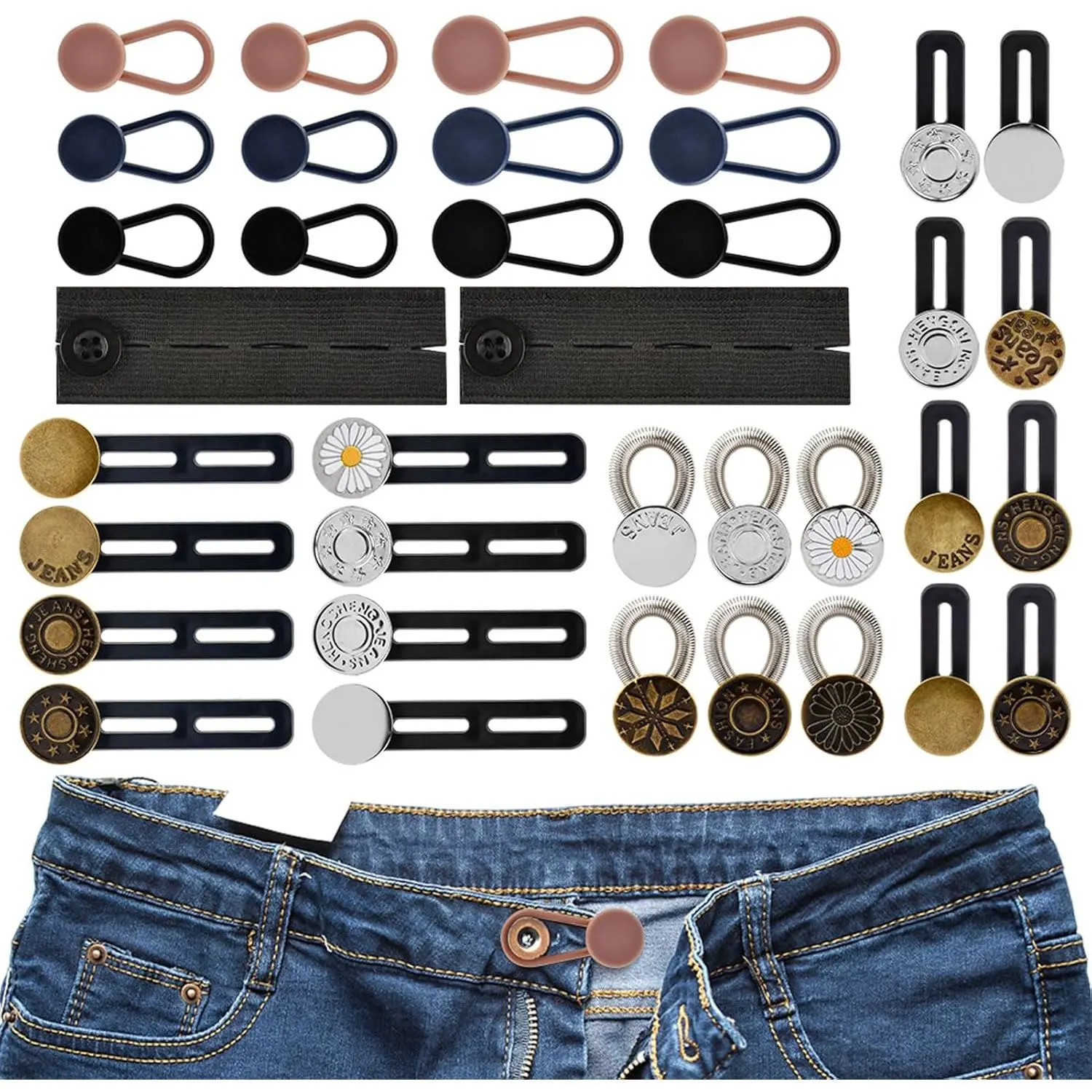 36 count  Extender for Jeans, No-Sew Button Expander for Pants, Skirts, Dresses, /Rubber Extenders, Elastic Belts & Zinc Buttons, Fix Tight Waistbands for Men Women(Color:Multi)
