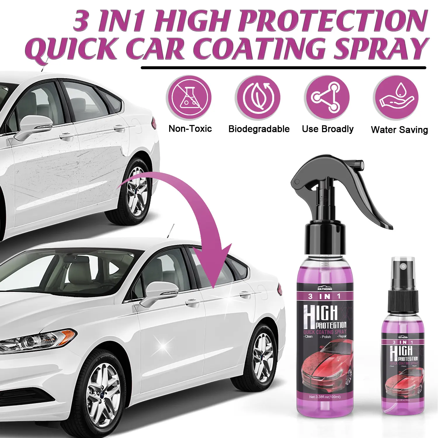 3 In 1 Quick Car Coating Spray, High Protection Nano Ceramic Coating Polish Spray, Car Paint Scratch Repair Cleaning Polishing Agent, Water Repellent Waterproof Protective Spray for Cars Motorcycles Trucks Boats
