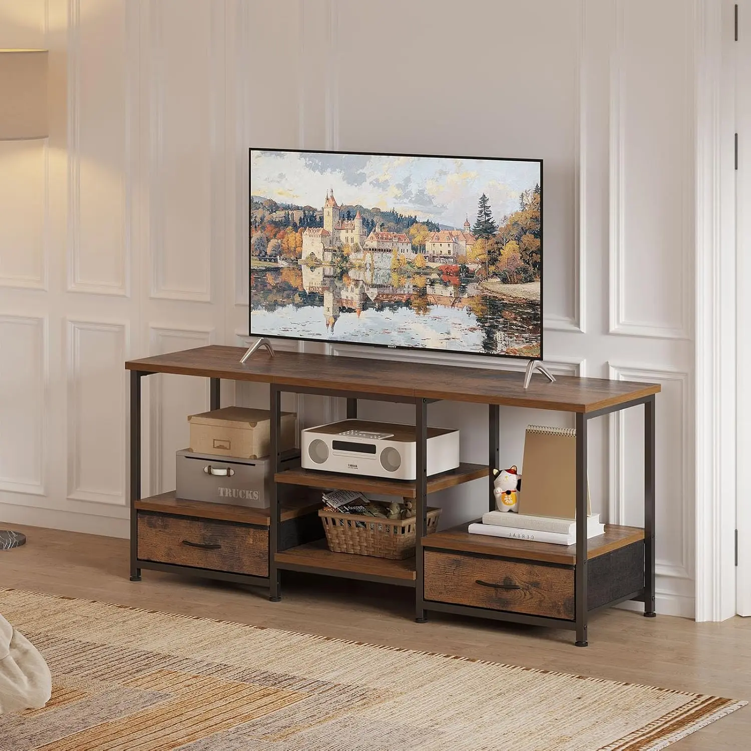 Multi-Size TV Stands (47-inch & 63-inch) for TVs up to 65/75 Inch, Media Console with USB Charging Station (2AC Outlets & Type-C), Storage Shelves & 2 Fabric Drawers, Rustic Brown
