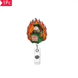 1PC funny flame opossum trash can, expandable and easy to pull, fun text chest badge ID clip, Animal Shaped Badges, personalized medical badge scroll buckle, a gift for medical staff and healthcare workers