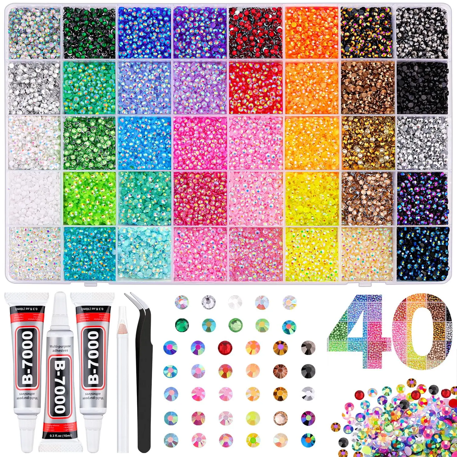 50000Pcs 40 Colors Jelly Rhinestones for Bedazzling, 3mm Multicolor Resin Flatback Gems for Diamond Art, Bedazzler Kit with 3Pcs 10ml B7000 Jewelry Glue for Bedazzle Thing Crafting Book Nail Art