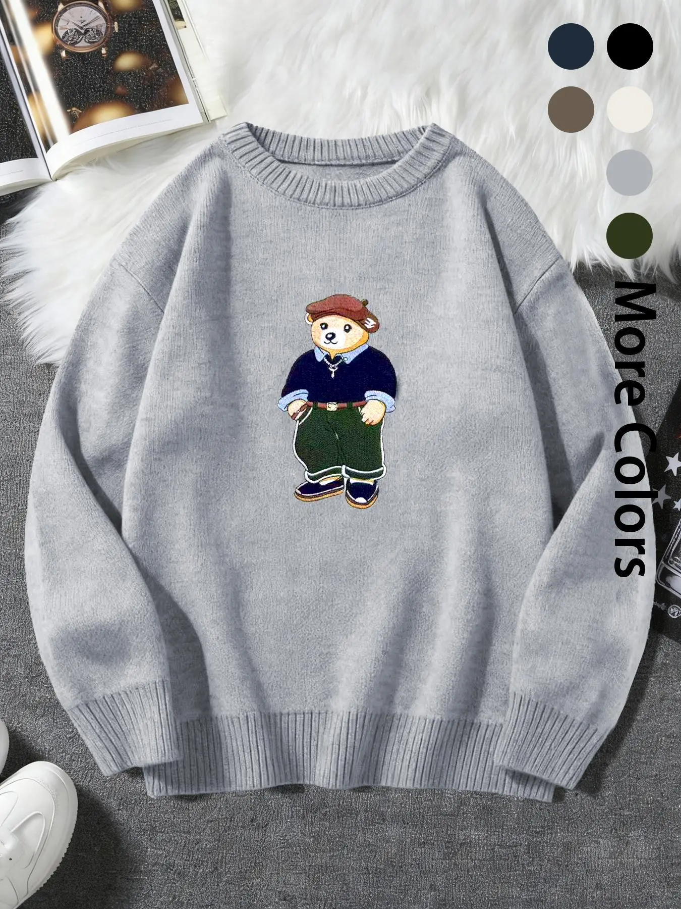 Womens cute embroidered bear sweater preppy crewneck oversized knit pullover jumper casual fall winter tops cozy back to school outfit pumpkin patch weekend loungewear everyday errands vintage aesthetic y2k brown green black white grey navy S-XL Jeans Kni
