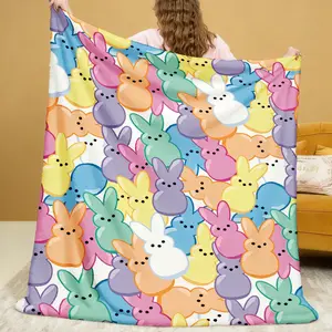 1pc Easter Rabbit Marshmallow Flannel Blanket | Bohemian Style High-Definition Printed Pastel Bunny Design, Soft Warm Lightweight All Season Throw for Sofa Bedroom Camping Yoga Travel, Cozy Home Decor Gift, Polyester, Machine Washable