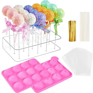 Cake Pop Maker Set, 15 Hole Clear Acrylic Lollipop Display Stand Holder with 12 Cavity Pink Silicone Cake Pop Mold, 50 Pcs Sticks Treats Bags and Twist Ties for Lollipop, Candy, Jelly and Chocolate