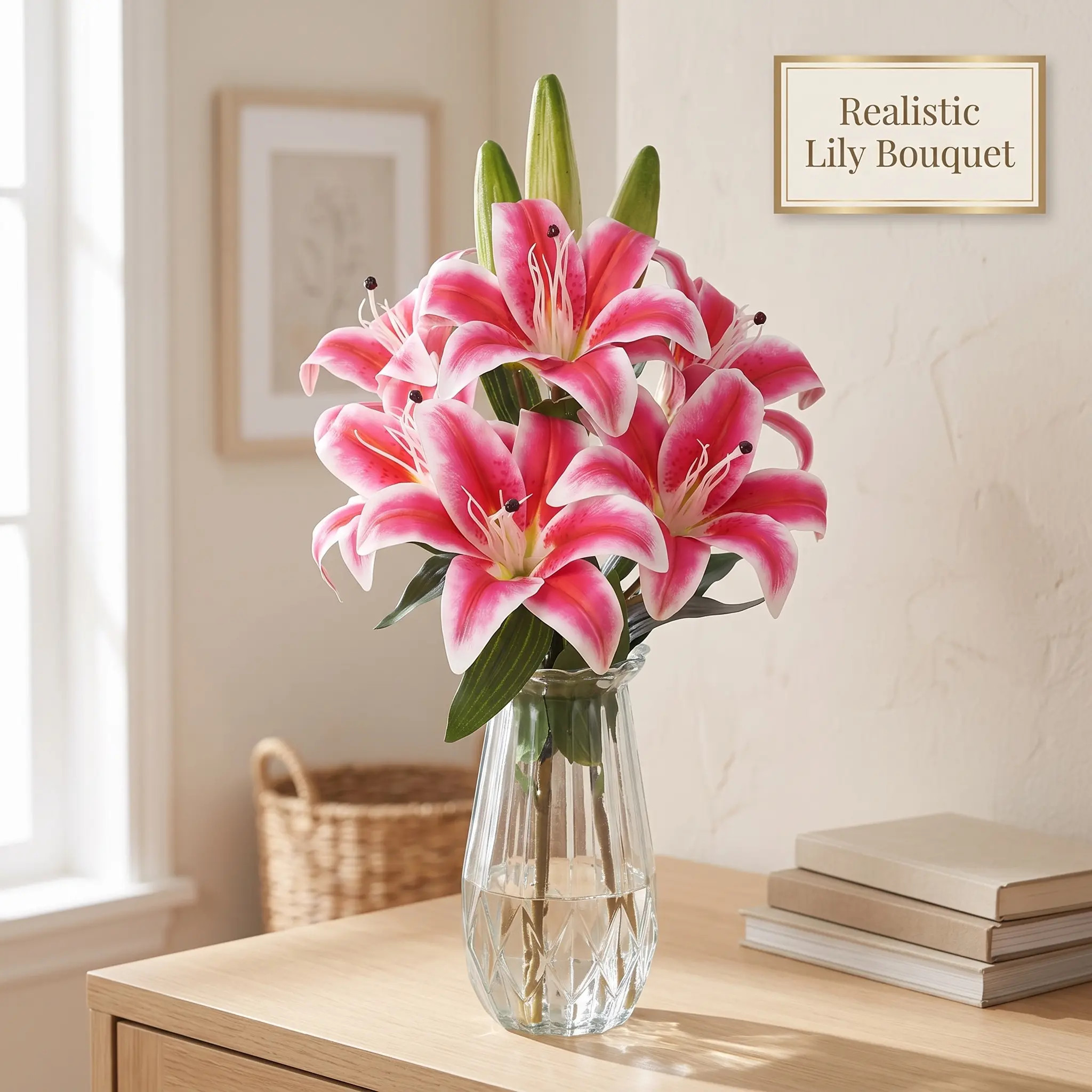 Garvee Artificial Tiger Lily Flowers with Vase, Real Touch Easter Lily Faux Flowers for Home Table Centerpieces Wedding Baby Shower Birthday Party Decoration, UV Resistant, 3 Stems with 6 Flowers