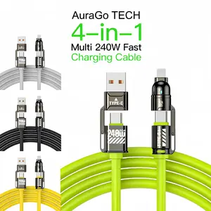 Car Accessories 4-In-1 Multi USB Charger Cable, Supports USB A, Type C, Lightning, 240w Fast Charging, Compatible with iPhone 16/15, iPad Pro, Samsung, Laptops