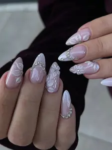 White Floral Press On Nails • Elegant Bridal Nails • Pearl Accent Nails • Elegant Milky Press On • Custom Luxury Gel Nail Set for Weddings