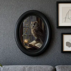 Gothic Style Oval Wooden Frame Wall Art, Owl Painting on Bookshelf & Tree Branches, Home Office Decor, Halloween Christmas Decoration