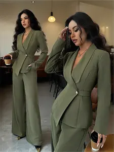 Women's Elegant Army Green Blazer & A-Line Flare Pants Suit with Asymmetrical Crossed Collar for Office Party Spring Autumn Winter Slim Fit Long Sleeve