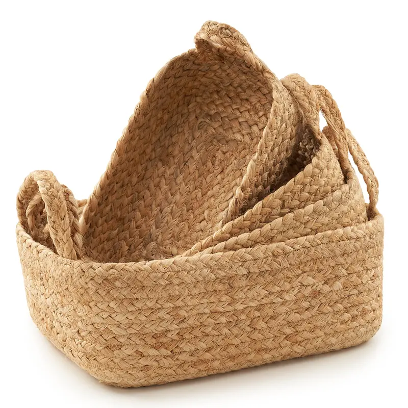 Classic 4 PCS Eco-Friendly Natural Jute Rope Storage Bins with Handles - Carry Basket, Book Basket, Home Organizer for Shelves, Storage Solutions