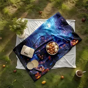 1 piece Jack-o'-lanterns and haunted house scenes on Halloween night themed flannel blanket - Super soft flannel blanket in modern style, suitable for sofas and beds, all-season multi-purpose use, digital print design, 100% polyester material