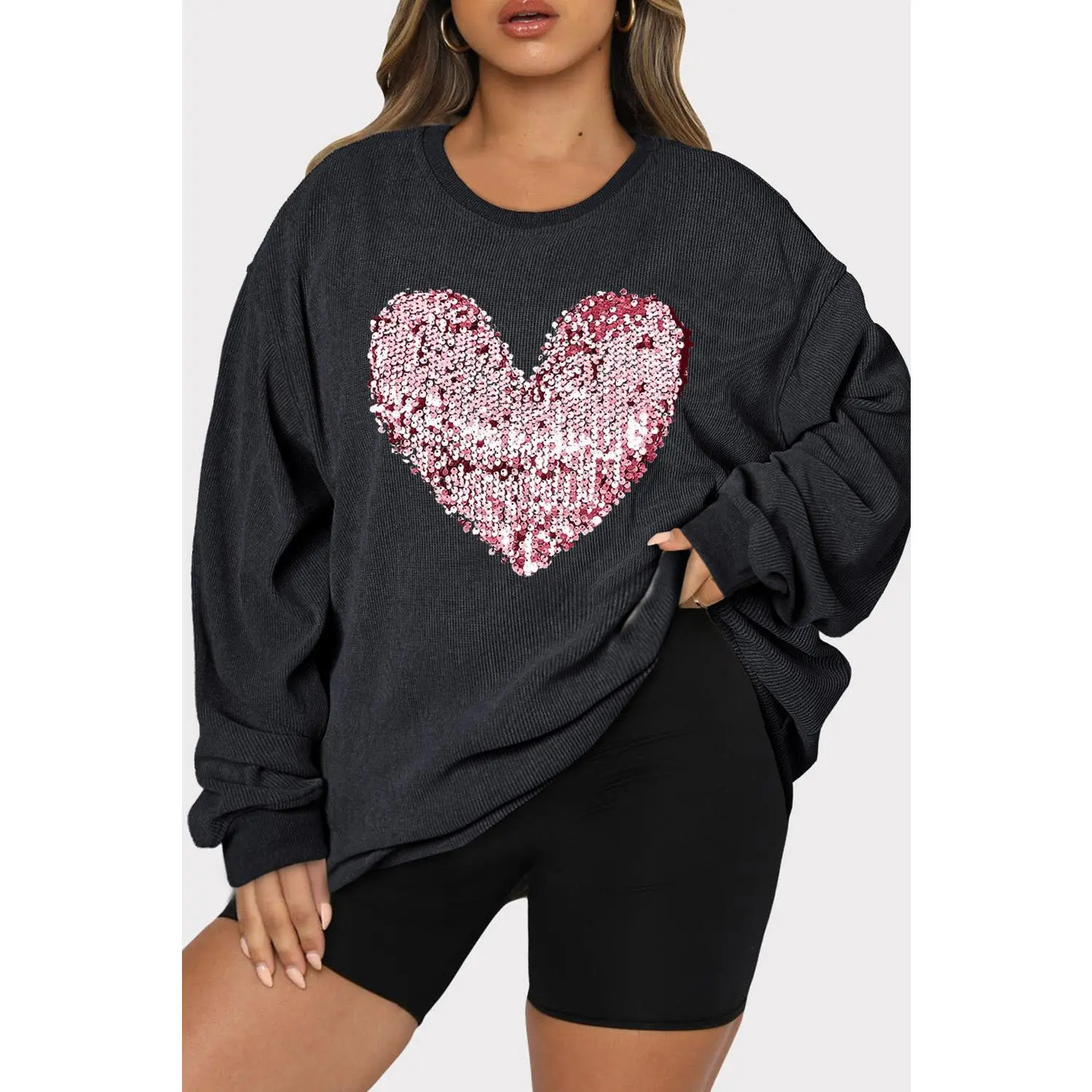Plus Size Heart Sequin Round Neck Sweatshirt