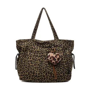 Leopard Print Plush Tote Bag, Large Capacity Fashion Shoulder & Crossbody Bag with Pendant for Work, Daily Use