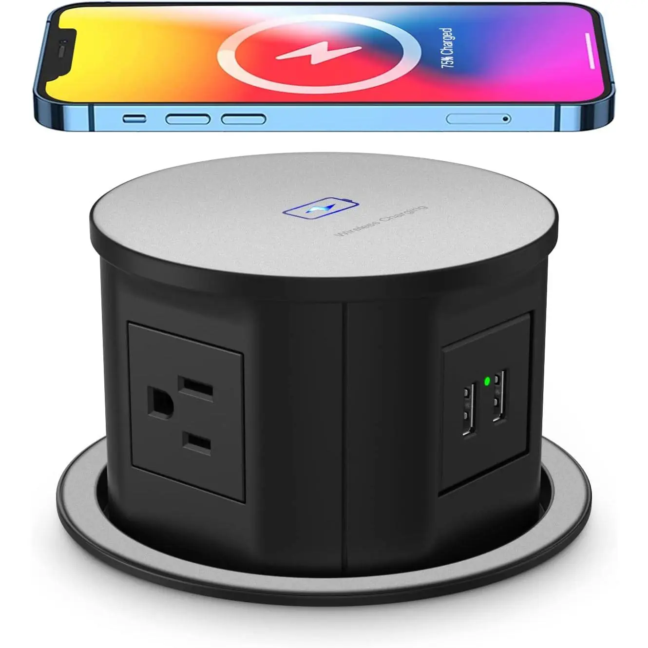 Automatic Pop up Power Outlet with 15W  Charger,Pop up Electrical Outlets for Countertops,4.7'' Diameter Round Pop Up Counter Outlet with 4 Outlets,2 USB, Outlet,Pop Out Outlet Black