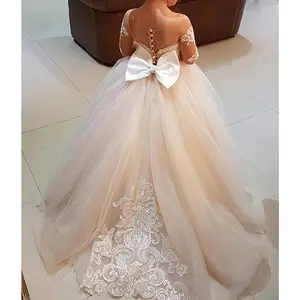 DZP-1 Piece Girl 9/16 Sleeve Puff Sleeve Princess  with Big Bow Elegant Long Sheer Wedding  Suitable for Teenagers Under 12 A-Line Polyester Material Dry Clean Only Perfect for Performances and Special Occasions Dress