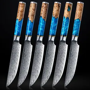 6-Piece Tsunami Steak Knife Collection - Japanese VG10 Damascus Steel, Non-Serrated Blades