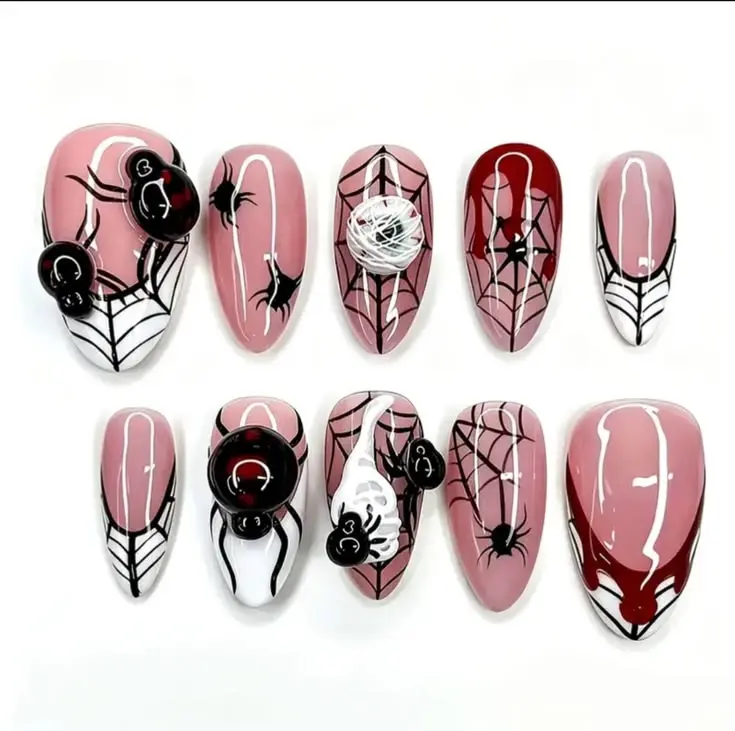 Handmade Pink Gothic Press-On Nails, Blood Drip Vampire Style with 3D Spider Egg Sac Decor, Cute Creepy Nail Art Accessories