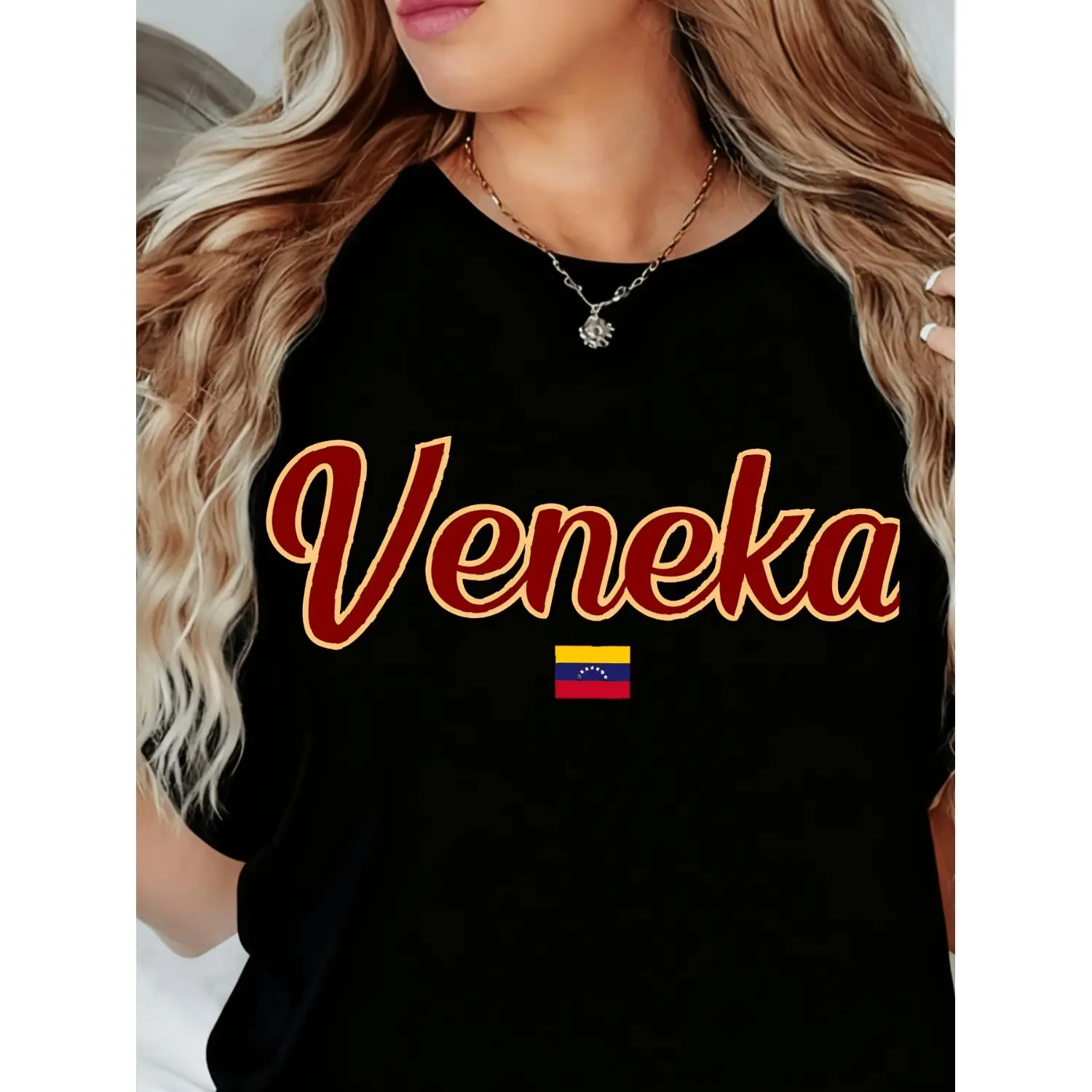 Women's Venezuela Flag T-Shirt - Veneka Venezuela National Design Short Sleeve Crew Neck Top | Casual Venezuelan Pride Apparel Suitable for Daily Wear, Commute & Outdoor, Ships from Local