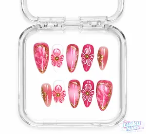 GakuNails ROSE VEIN 10 PCS Medium Almond Handmade Press On 3D Flower Builder Gel selectable size Reusable Nails