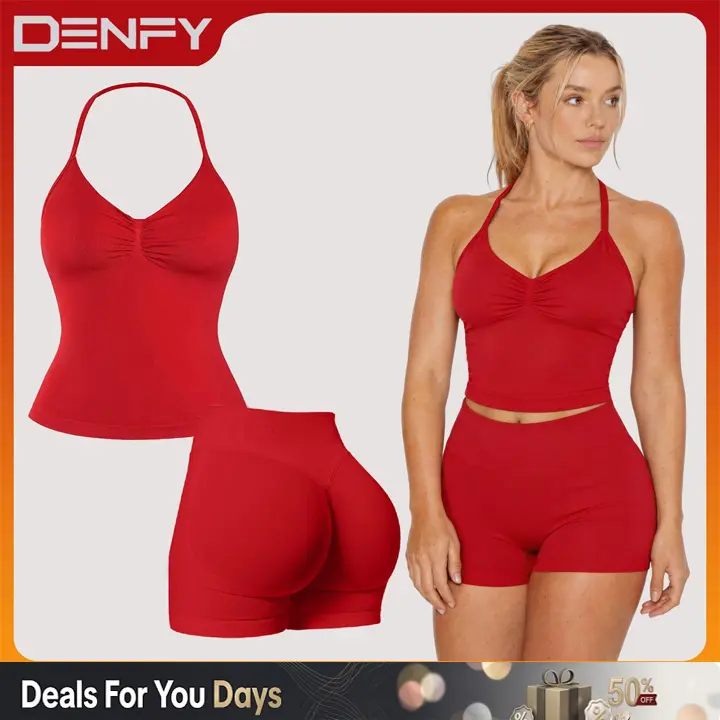 [SIZE UP 1] DENFY Two-Pieces Suit Impact Longline Strappy Top Impact Shorts Sports Yoga Impact Gymwear Tanks Seamless Shorts