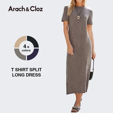 Arach&Cloz Womens Summer Wool Blend T Shirt Maxi Long Dress 2026 Spring Casual Short Sleeve Crew Neck Slit Knit Texture Womenswear
