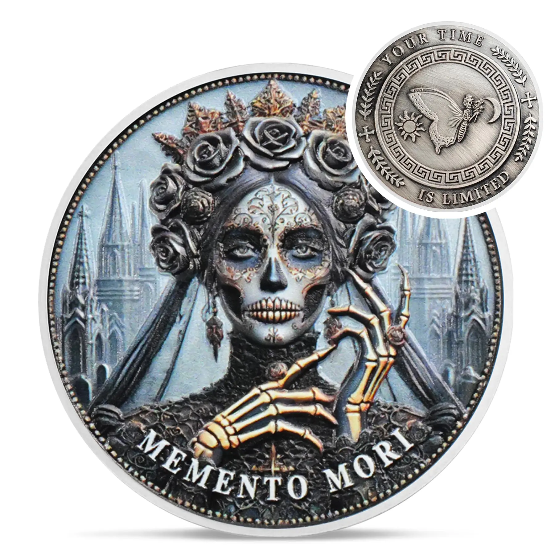 Memento Mori Coin - Gothic Skull Stoic Challenge Coin, Amor Fati EDC Pocket Token for Daily Stoic Practice, Butterfly Skeleton Medallion - Unique Stoicism Gift for Men Women